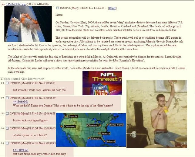The original 2006 4chan /b/ thread threatening dirty bomb attacks at NFL stadiums — the post that first drew FBI attention to 4chan.
