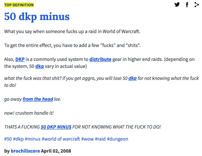 Urban Dictionary's top definition of '50 dkp minus,' documenting the phrase's use in World of Warcraft raid culture.
