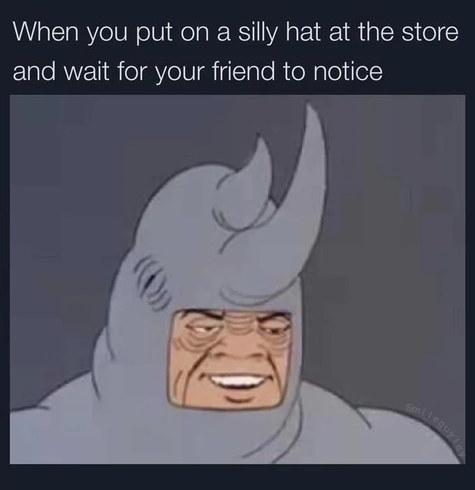 Rhino wearing silly hat meme.