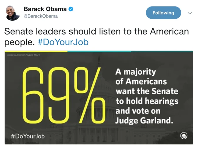 A 2016 Barack Obama tweet featuring the number 69% that famously attracted a flood of 'Nice' replies from users.