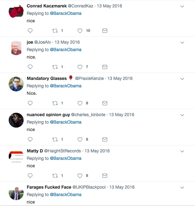 A wave of 'Nice' replies to Obama's 69% tweet, demonstrating the meme's widespread use as a reaction to the number 69.