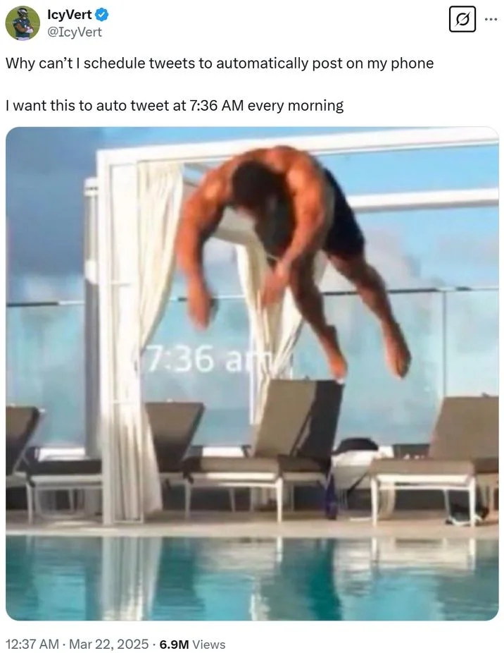 A viral tweet expressing the desire to auto-post the 7:36 am pool dive image daily, one of the tweets that propelled the meme.