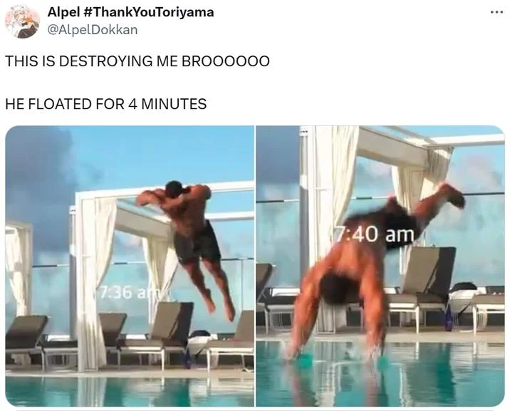 A viral tweet joking that the diver 'floated for 4 minutes,' using timestamps from the original video to exaggerate his suspended-in-air appearance.