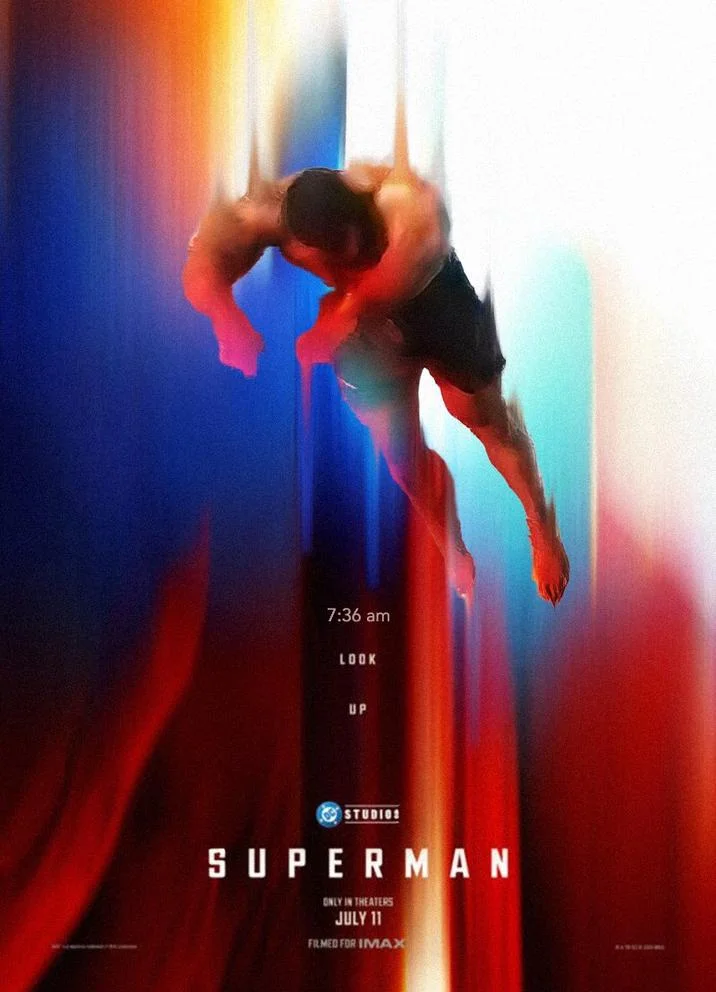 A parody of the 2025 Superman movie poster replacing the Man of Steel with the '7:36 am' pool diver.