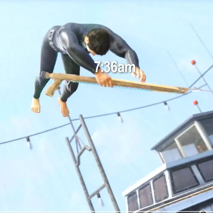 A stylized fan edit reimagining the 7:36 am pose in a video game setting above a boat.