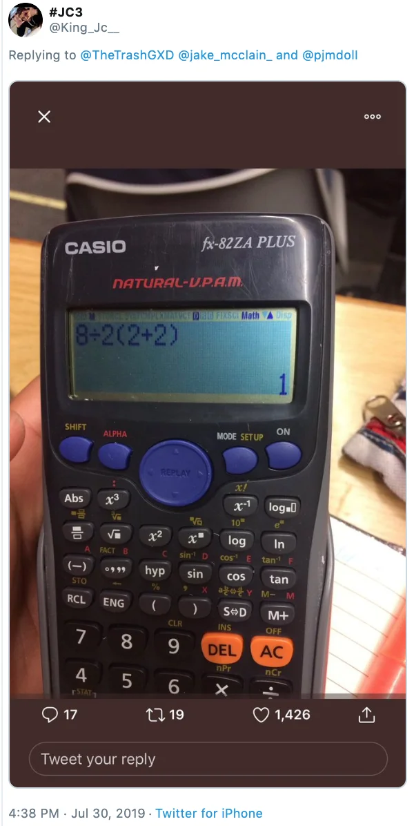 Casio calculator result equals 1.