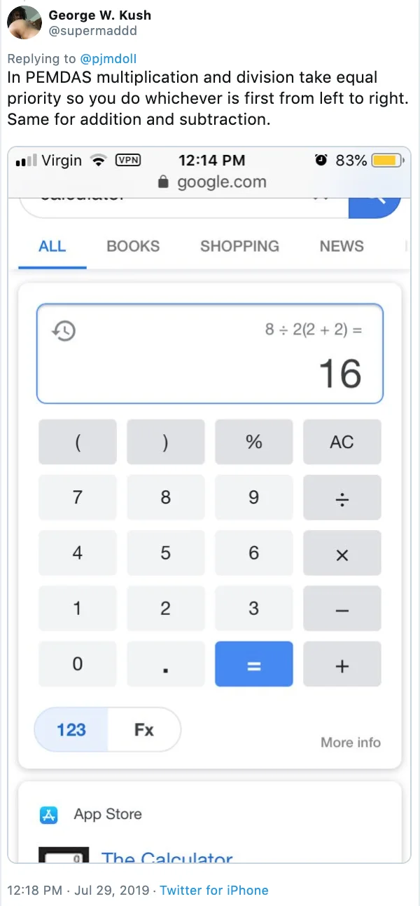 Google calculator result equals 16.