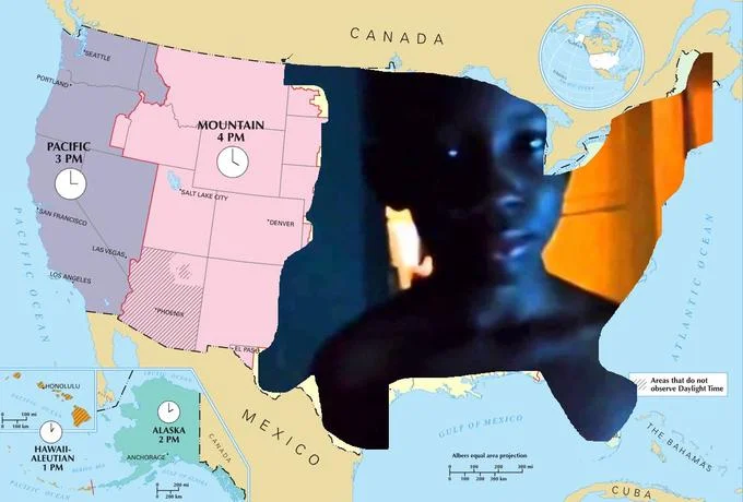 Dark figure over US timezone map.