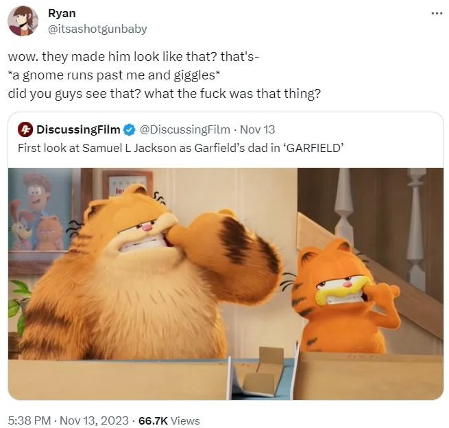 The copypasta deployed in response to a first-look image of Samuel L. Jackson's character in the Garfield movie.