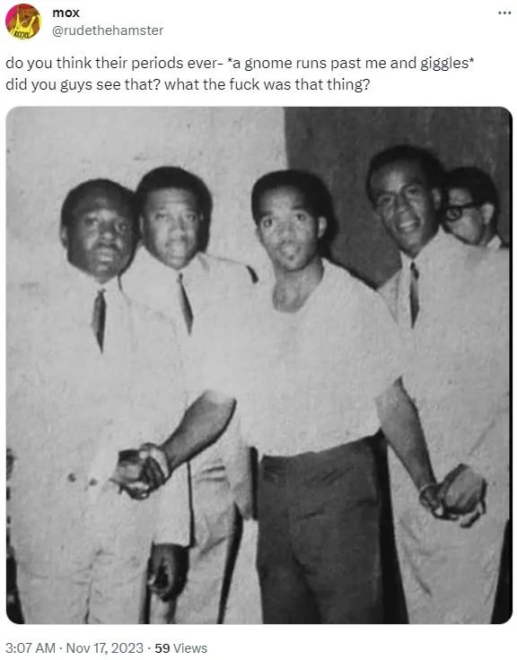 The copypasta employed to hilariously avoid answering a personal question, paired with a vintage group photograph.