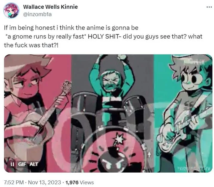 A Scott Pilgrim anime reaction post where the poster uses the gnome copypasta to duck out of giving their honest take.