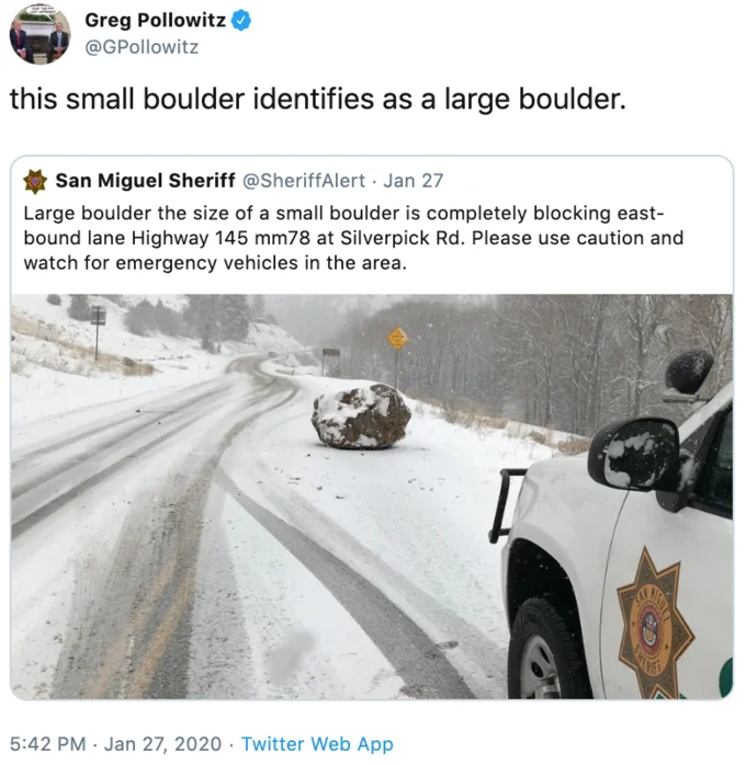 Greg Pollowitz's quote-tweet reply that helped spread the meme by joking about the boulder's identity.