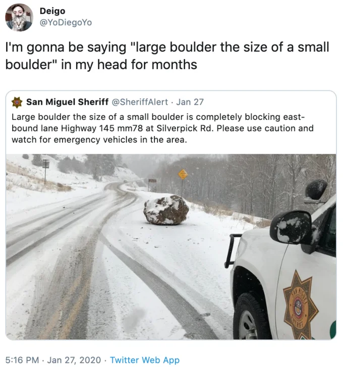 A quote-tweet capturing how catchy the sheriff's turn of phrase felt to readers on Twitter.