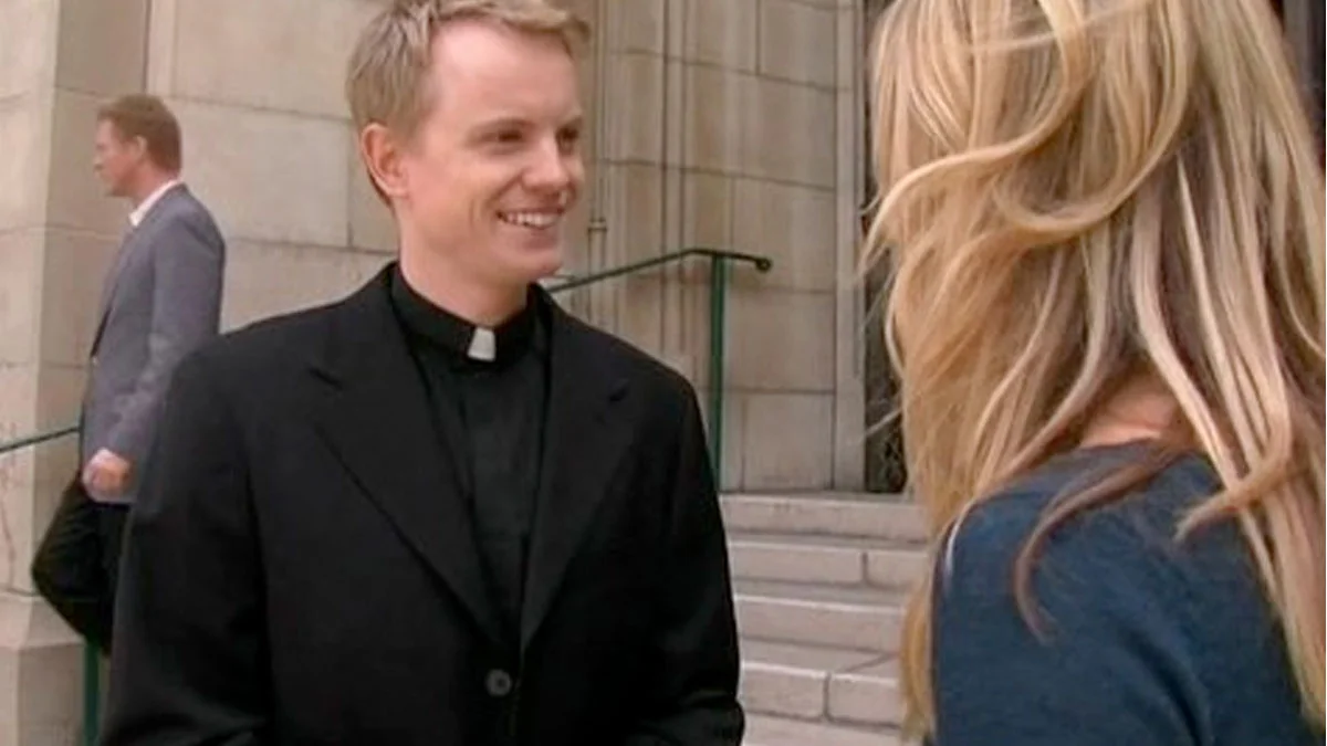 The source scene featuring a cheerful young priest, commonly reposted as the visual anchor of the 'January 2020' meme template.