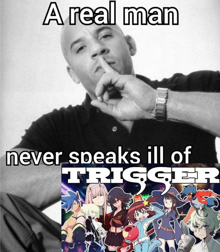 An anime-focused variant praising Studio Trigger with a lineup of its iconic characters.