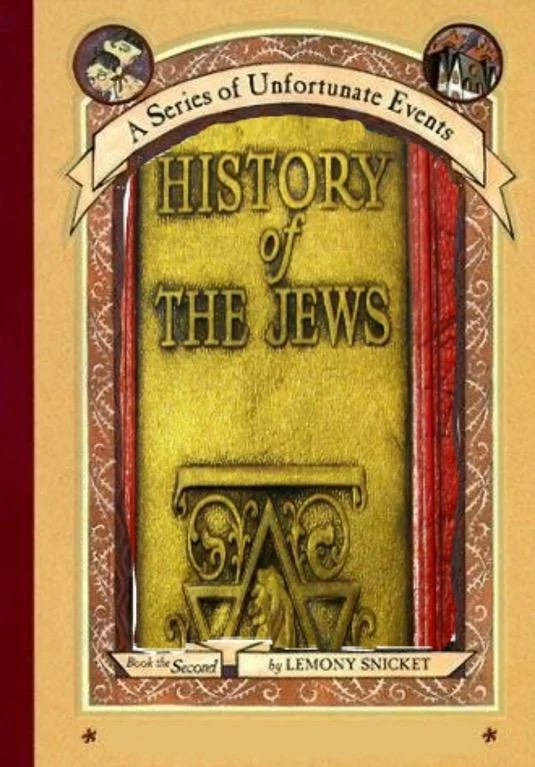 A cover parody swaps the book's artwork with a golden tome labeled 'History of the Jews,' playing on the series' bleak tone.