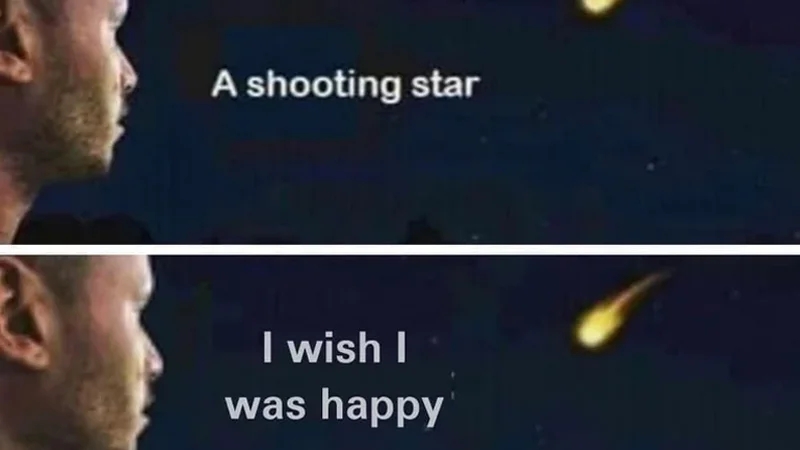 The original template of the 'A Shooting Star Rejecting a Wish' meme, showing a man wishing to be happy upon seeing a shooting star.