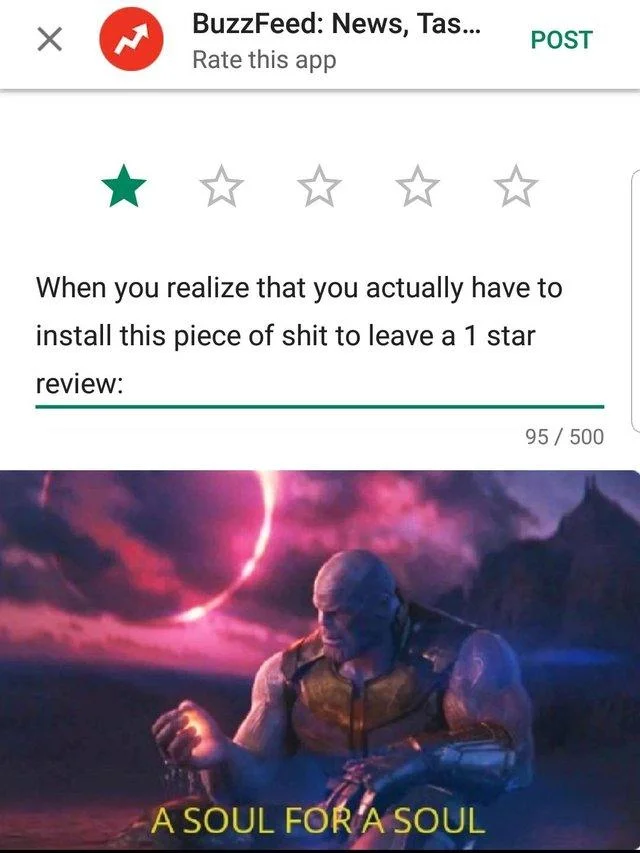 A variant that layers a mock BuzzFeed app review over the Vormir scene to comment on rating apps you dislike.