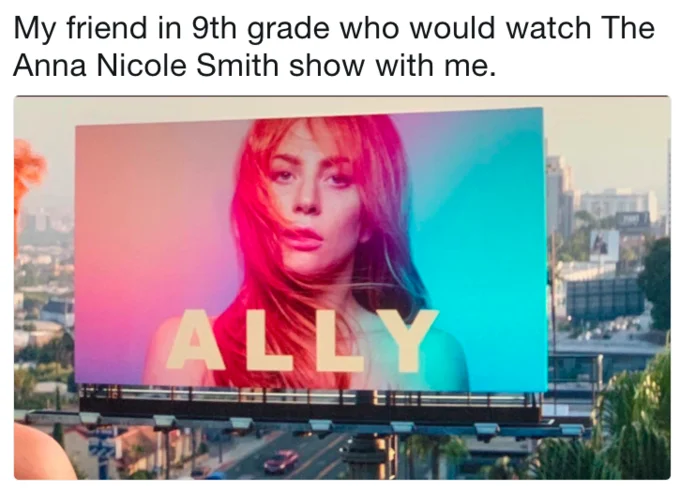A nostalgic Ally meme referencing The Anna Nicole Show as an early marker of teenage queer allyship.