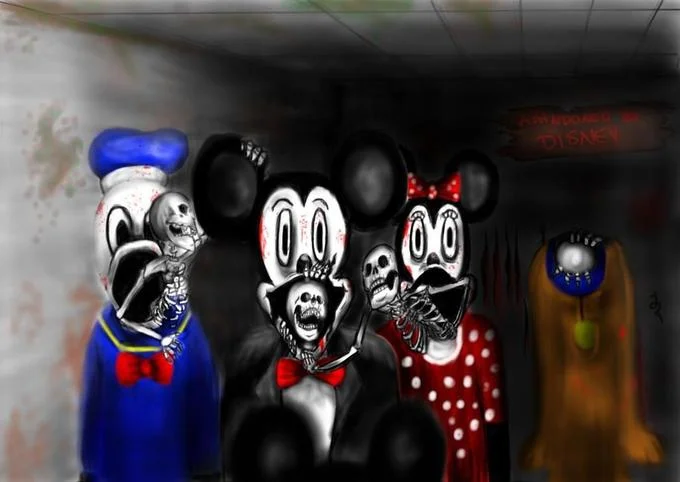 Fan-made horror artwork depicting Disney mascots as decayed, skeletal versions inspired by the 'Abandoned by Disney' creepypasta.