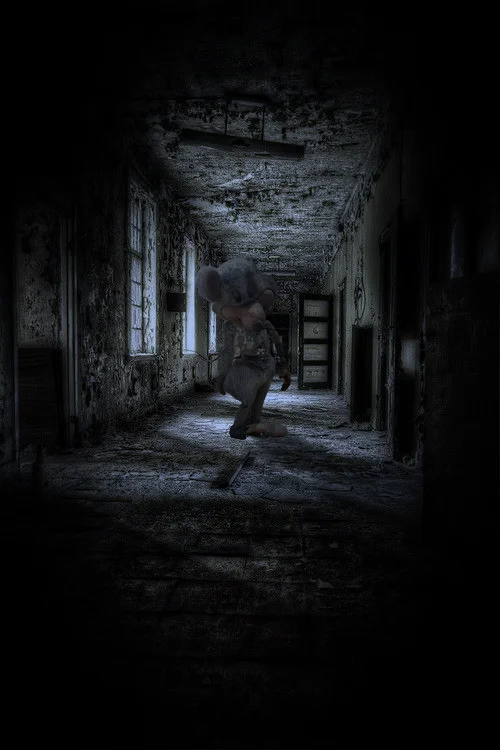 A horror-themed edit of the meme, relocating the animatronic to a haunted-looking abandoned building.