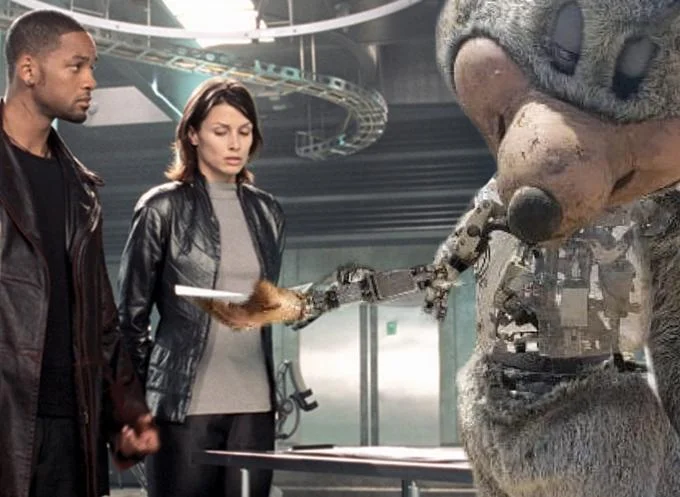 A popular meme edit inserting the abandoned Chuck E. Cheese animatronic into a scene from the film I, Robot.