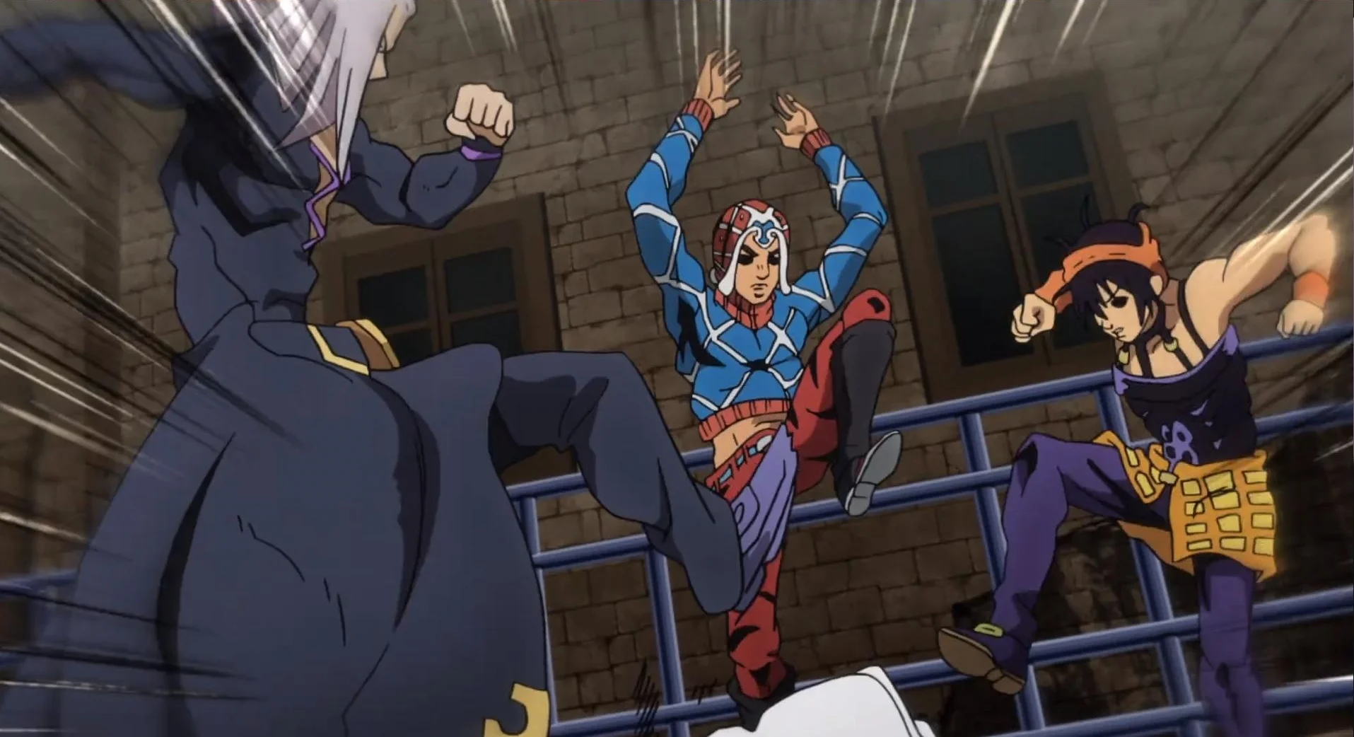 The source scene from JoJo's Bizarre Adventure: Golden Wind that inspired the 'Abbacchio Joins the Kicking' meme template.