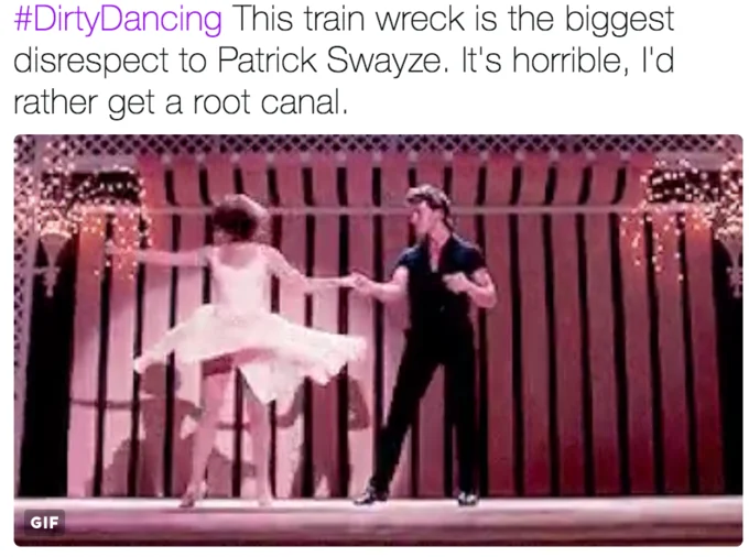 A scathing tweet calls the ABC remake a disrespect to Patrick Swayze's legacy, accompanied by a GIF of the show's dance sequence.