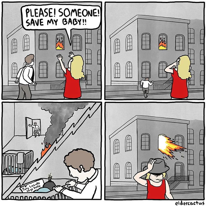 Burning building absurdist chaos.