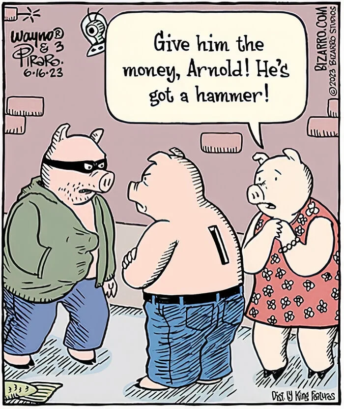 Pig character absurd confrontation.