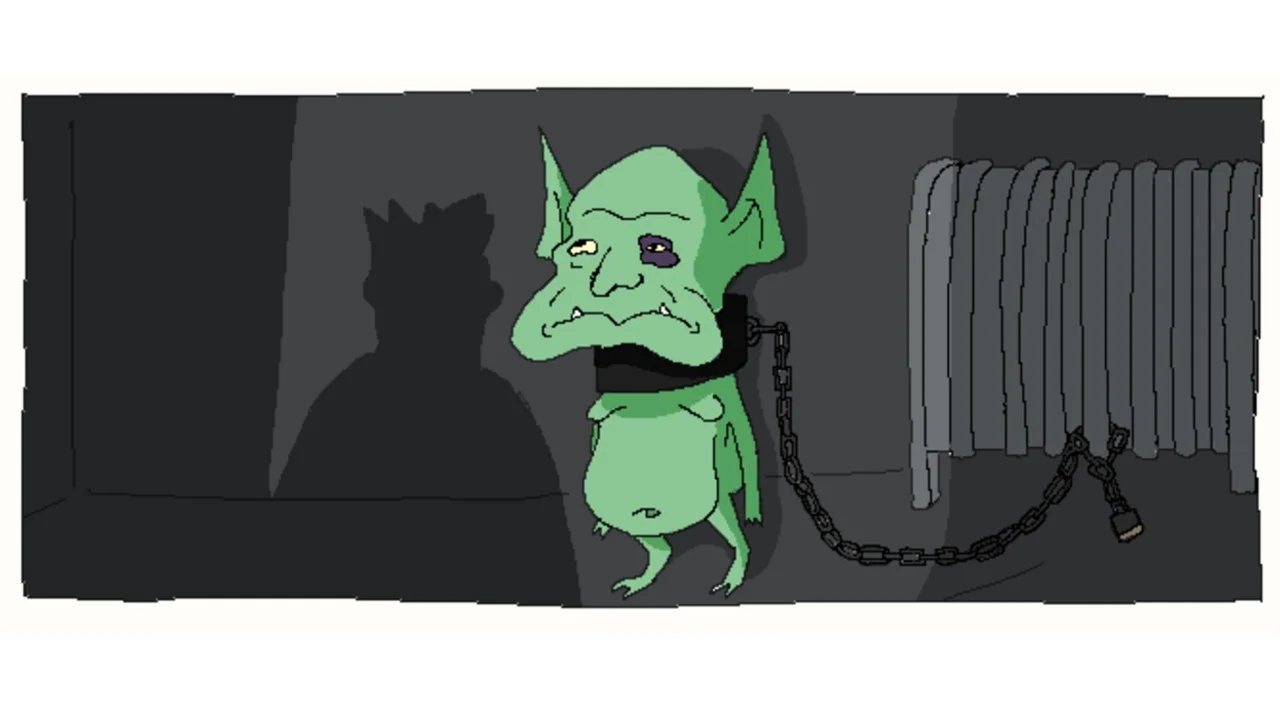 The cover image for the 'Abuse Goblin' meme, depicting the mistreated goblin character chained in a basement by its owner.