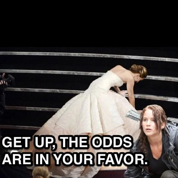 A popular image macro combining Jennifer Lawrence's Oscar fall with a reference to her Hunger Games character Katniss Everdeen.