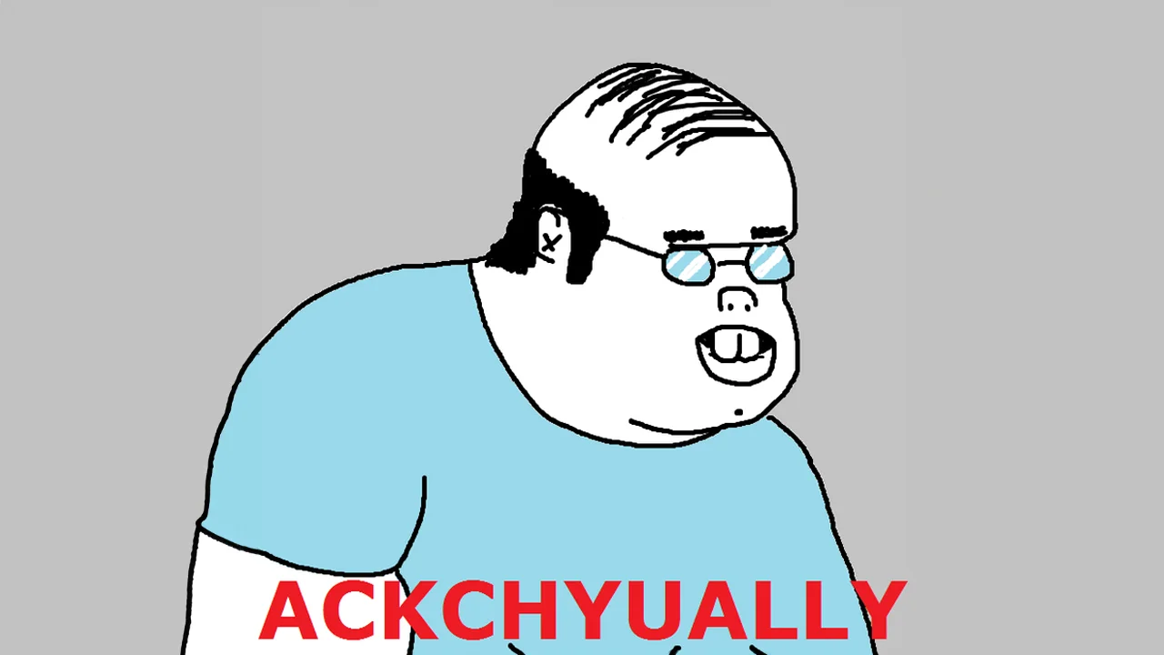 The original Ackchyually character illustration, depicting the archetypal pedantic 'well, actually' guy.