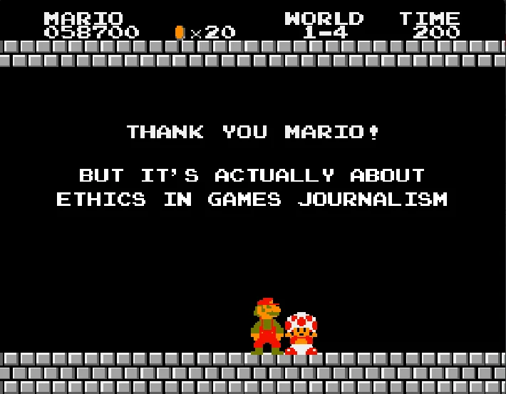 The classic Super Mario Bros. ending recaptioned with the 'ethics in games journalism' phrase, a foundational visual of the meme.