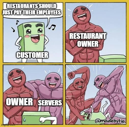 Restaurant labor meme showing customer vs owner using 4-panel template
