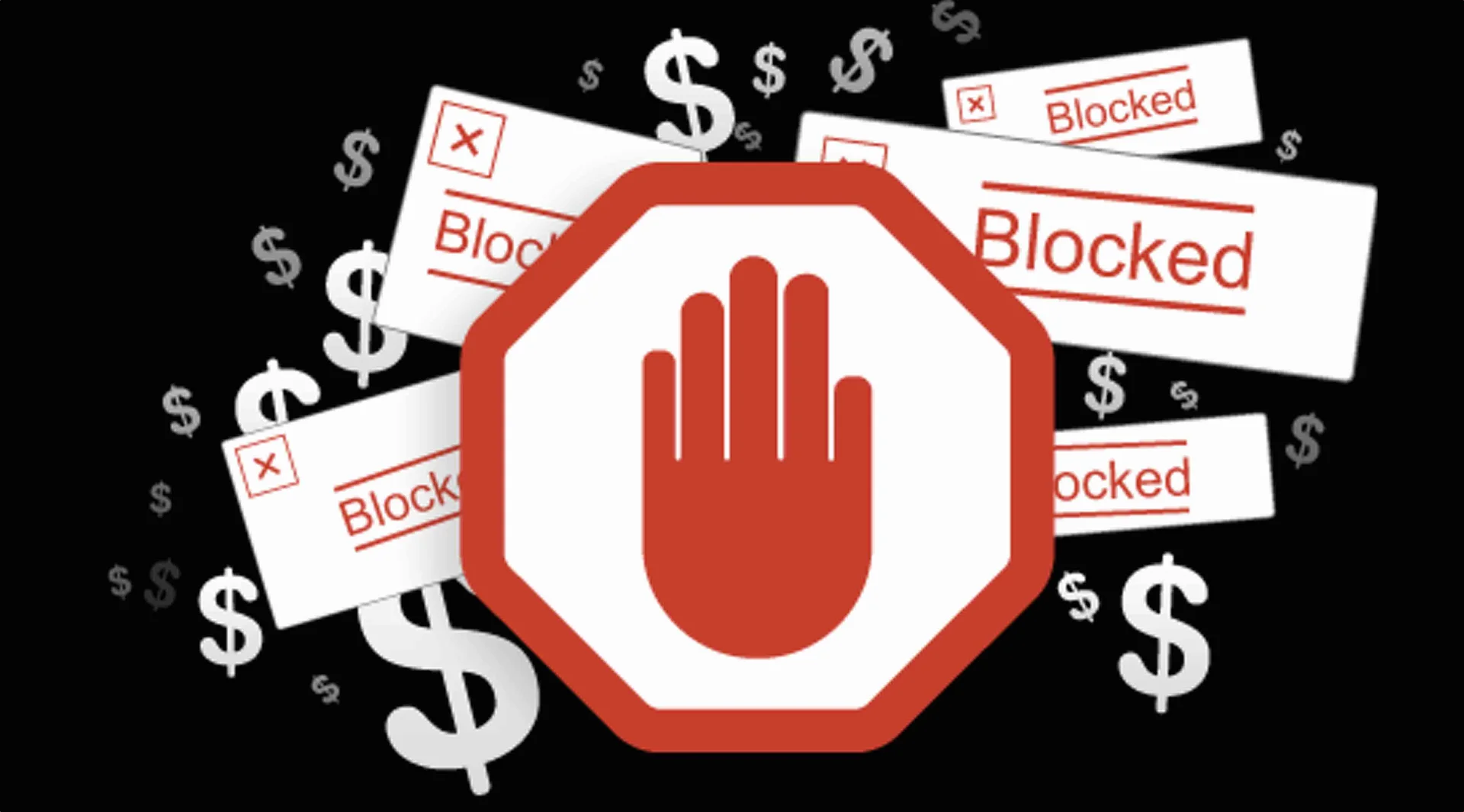 The familiar red ad-blocker icon symbolizes the widespread practice of using browser extensions to prevent online advertisements from loading.