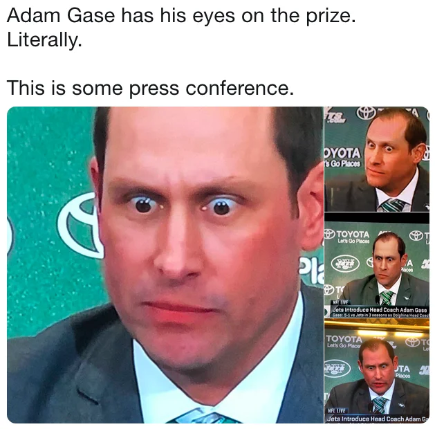 A viral reaction post highlighting multiple angles of Adam Gase's unnerving press conference stare.