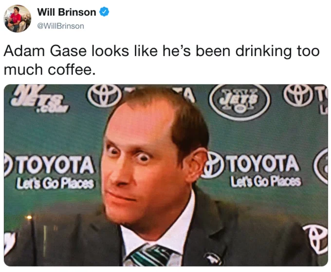 A widely shared tweet by CBS Sports' Will Brinson that helped spark the meme, comparing Gase's stare to caffeine overload.