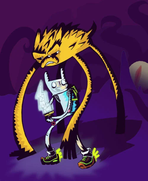 Fan art reimagining Finn and Jake in the distinctive art style of Jhonen Vasquez's Invader Zim.