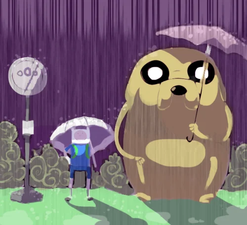 Fan art crossover pairing Finn and Jake with the famous bus-stop scene from Studio Ghibli's My Neighbor Totoro.