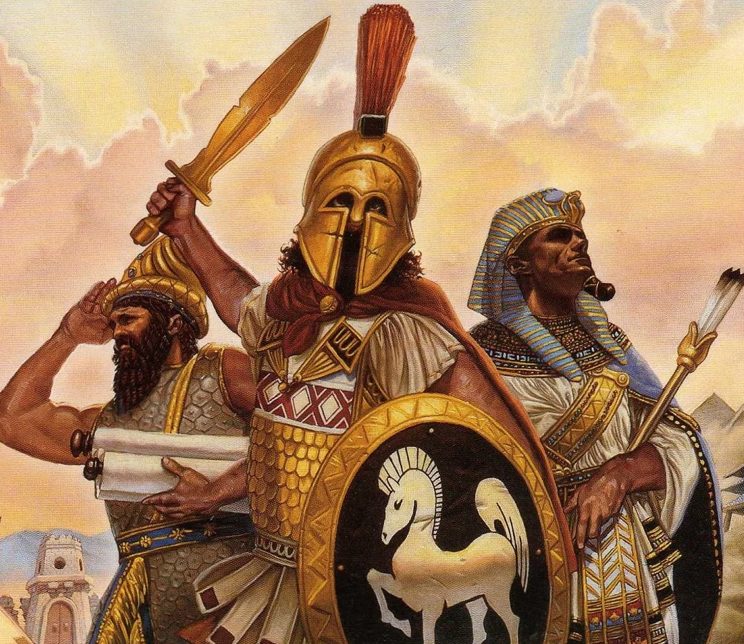 Detail of the iconic Age of Empires cover artwork featuring civilizations from antiquity.