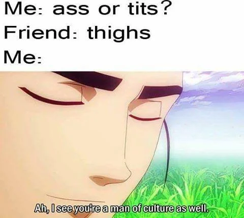 A popular variation using the 'man of culture' template to react to a friend's preference for thighs.