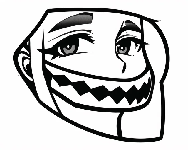 A trollface rendered with anime-style eyes, part of the prompt experimentation that led to the creepypasta anime girl meme.