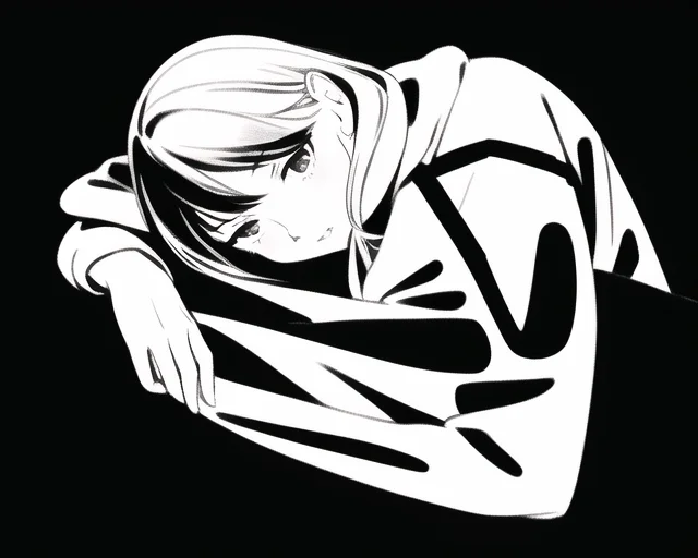 A monochrome AI-generated anime girl in a defensive pose, continuing the creepypasta meme's unsettling visual language.