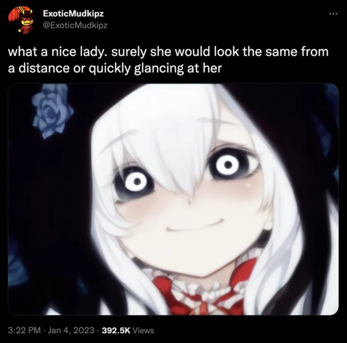 A viral tweet by @ExoticMudkipz featuring an AI-generated creepypasta anime girl that helped popularize the meme format.