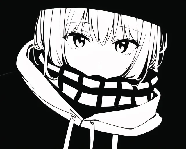 A refined monochrome rendition of an AI-generated creepypasta anime girl in a plaid scarf and hoodie.