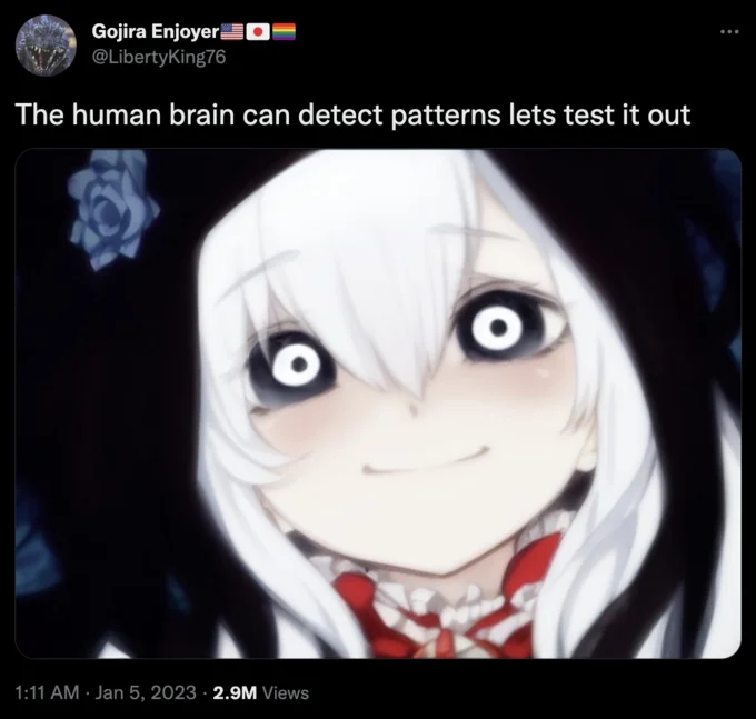 A widely-viewed repost of the AI creepypasta anime girl by @LibertyKing76 that garnered 2.9 million views.