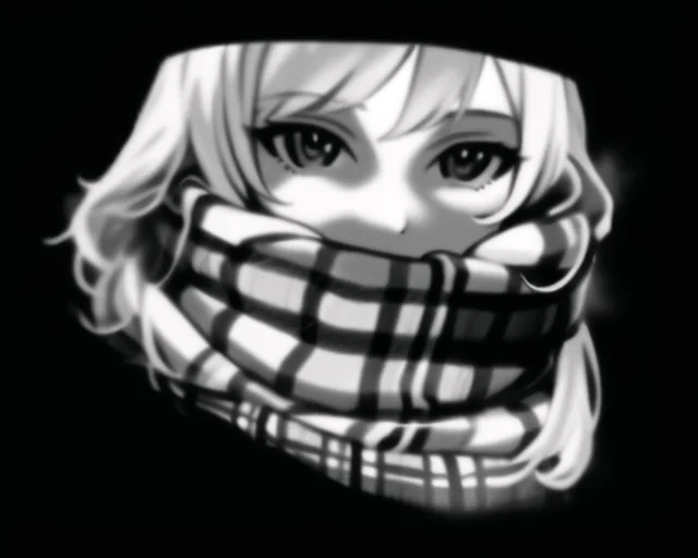 A monochrome AI-generated anime girl wearing a plaid scarf, a classic example of the creepypasta anime girl format.