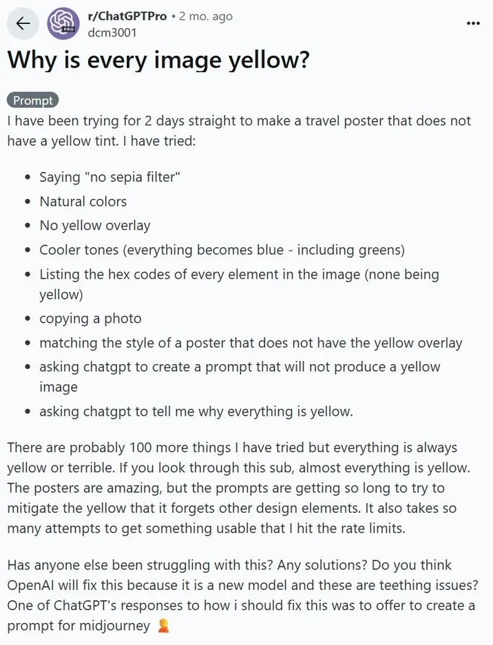 Reddit yellow tint struggle.