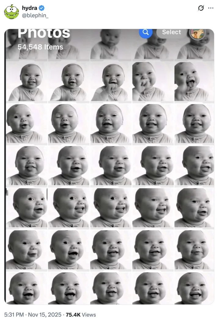 A viral X post showcasing multiple variations of the AI Baby expression.